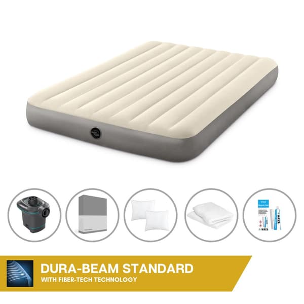 Intex Airbed Sæt Intex Airbed - 2-Person - 152 x 203 x 25 cm - Beige + Intex Elektrisk Pumpe - 650 Liter/min + Monteringslagen Antracit + Pude +