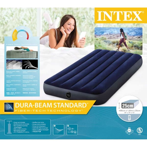Intex luftsengssæt Intex luftseng - 1-person - 99 x 191 x 25 cm - Blå + Intex elektrisk pumpe - 650 liter/min + monteret lagen sort + pude + Molton 2