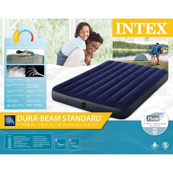 Intex luftsengssæt Intex luftseng - Dobbeltseng - 137 x 191 x 25 cm - Blå + Intex elektrisk pumpe - 650 liter/min + monteret lagen sort + pude +