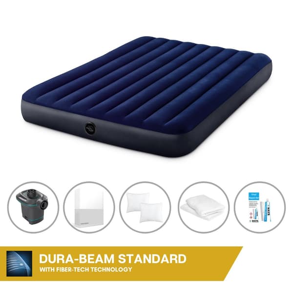 Intex Airbed Sæt Intex Airbed - 2-Person - 152 x 203 x 25 cm cm - Blå + Intex Elektrisk Pumpe - 650 Liter/min + Monteringslagen Hvid + Pude + Molton 2