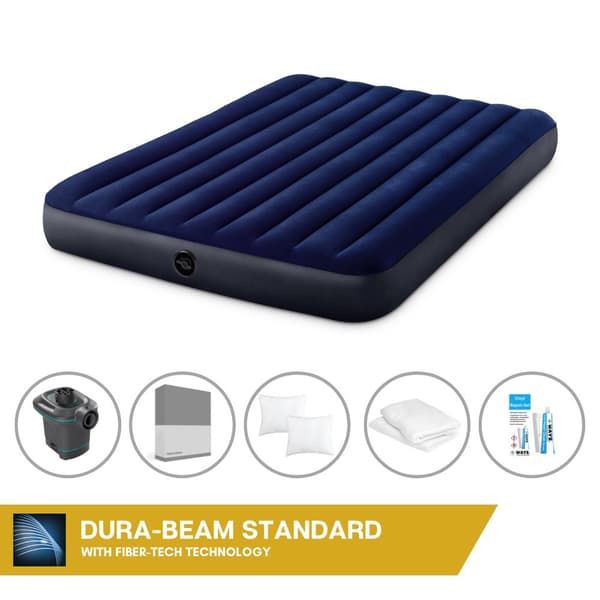 Intex Airbed Sæt Intex Airbed - 2-Person - 152 x 203 x 25 cm cm - Blå + Intex El-Pumpe - 650 Liter/min + Monteringslagen Antracit + Pude + Molton 2 i