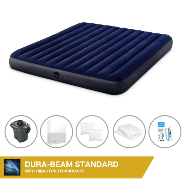 Intex Airbed Sæt Intex Airbed - 2-Person - 183 x 203 x 25 cm - Blå + Intex Elektrisk Pumpe - 650 Liter/min + Monteringslagen Hvid + Pude + Molton 2 i