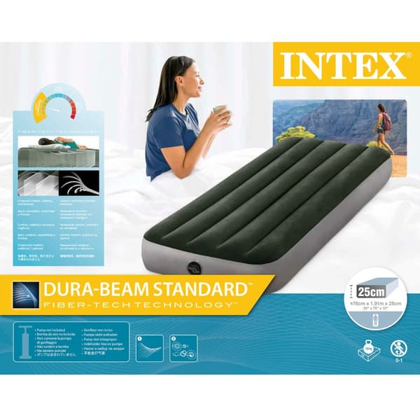 Intex Airbed Sæt Intex Airbed - 1-Person - 76 x 191 x 25 cm - Grøn + Intex Elektrisk Pumpe - 650 Liter/min + Monteringslagen Hvid + Pude + Molton 2 i