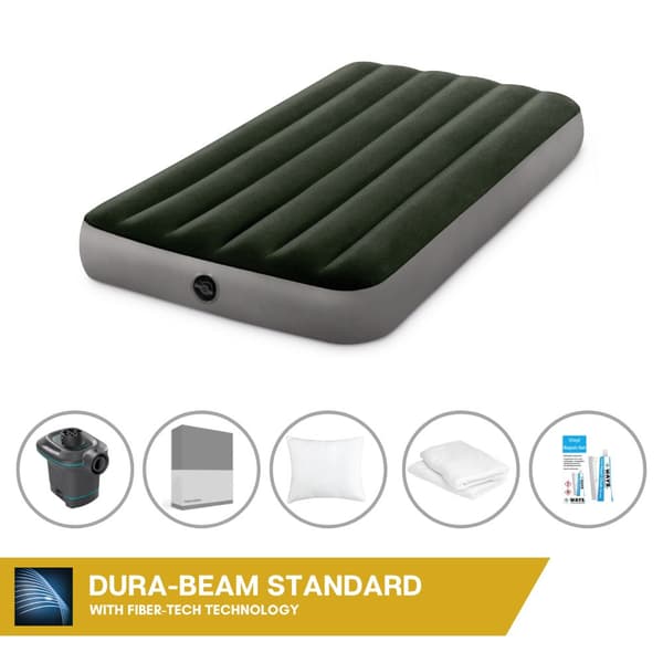 Intex Airbed Sæt Intex Airbed - 1-Person - 99 x 191 x 25 cm - Grøn + Intex Elektrisk Pumpe - 650 Liter/min + Monteringslagen Antracit + Pude + Molton