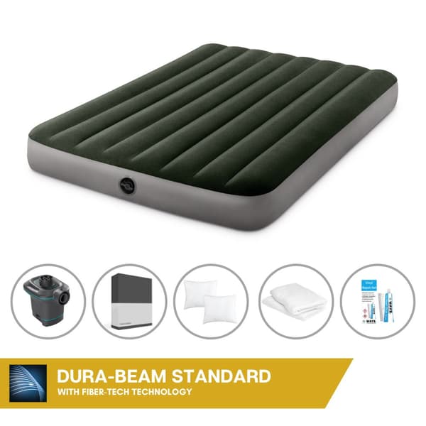 Intex luftsengssæt Intex luftseng - Dobbeltseng - 137 x 191 x 25 cm - Grøn + Intex elektrisk pumpe - 650 liter/min + monteret lagen sort + pude +