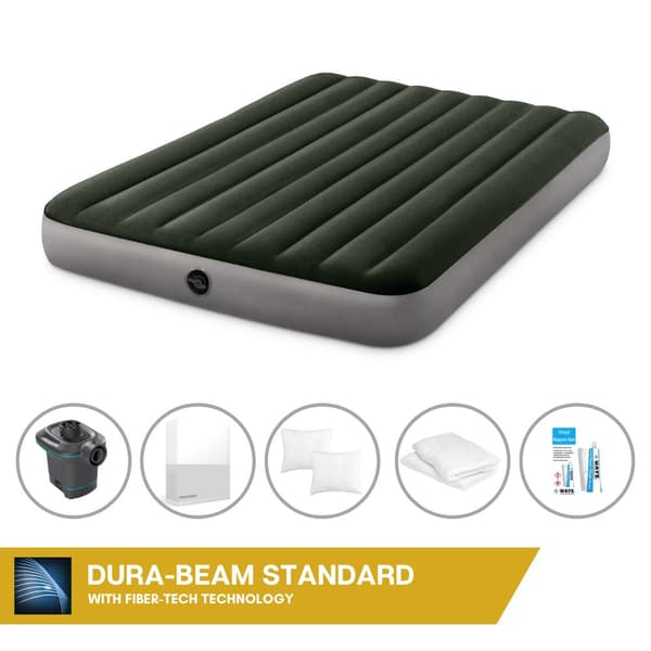Intex Airbed Sæt Intex Airbed - 2-Person - 152 x 203 x 25 cm - Grøn + Intex Elektrisk Pumpe - 650 Liter/min + Monteringslagen Hvid + Pude + Molton 2 i