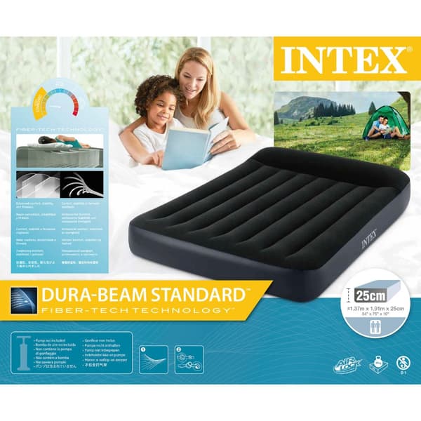 Intex luftsengssæt Intex luftseng - Dobbeltseng - 137 x 191 x 25 cm - Sort + Intex elektrisk pumpe - 650 liter/min + monteret lagen antracit + pude +