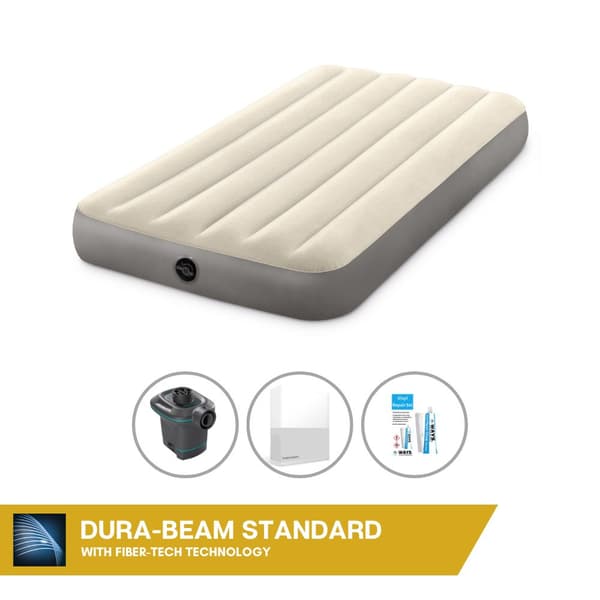 Intex Airbed Sæt Intex Airbed - 1-Person - 99 x 191 x 25 cm - Beige + Intex El-pumpe - 650 Liter/min + Monteringslagen Hvid + Reparationssæt