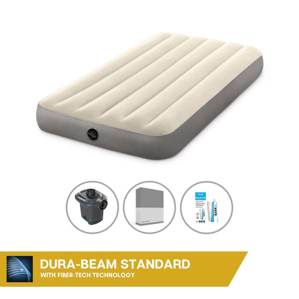Intex Airbed Sæt Intex Airbed - 1-Person - 99 x 191 x 25 cm - Beige + Intex El-pumpe - 650 Liter/min + Monteringslag antracit + Reparationssæt