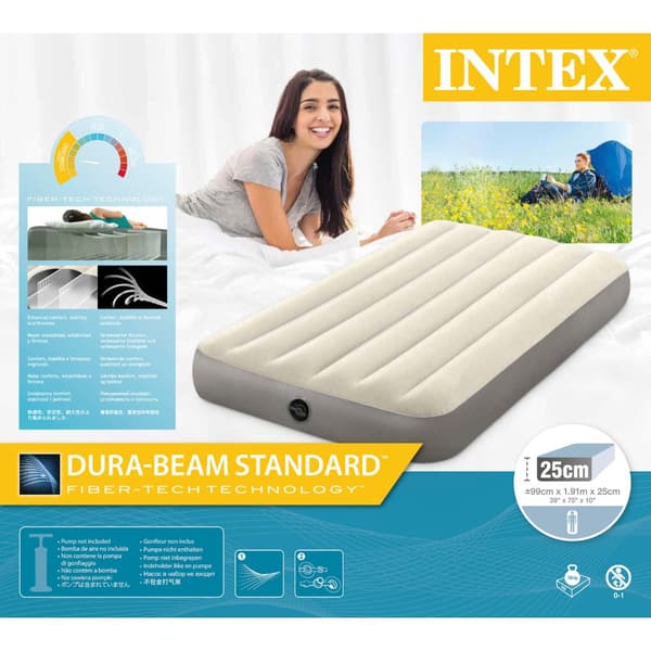 Intex Airbed Sæt Intex Airbed - 1-Person - 99 x 191 x 25 cm - Beige + Intex El-pumpe - 650 Liter/min + Monteringslagen Sort + Reparationssæt