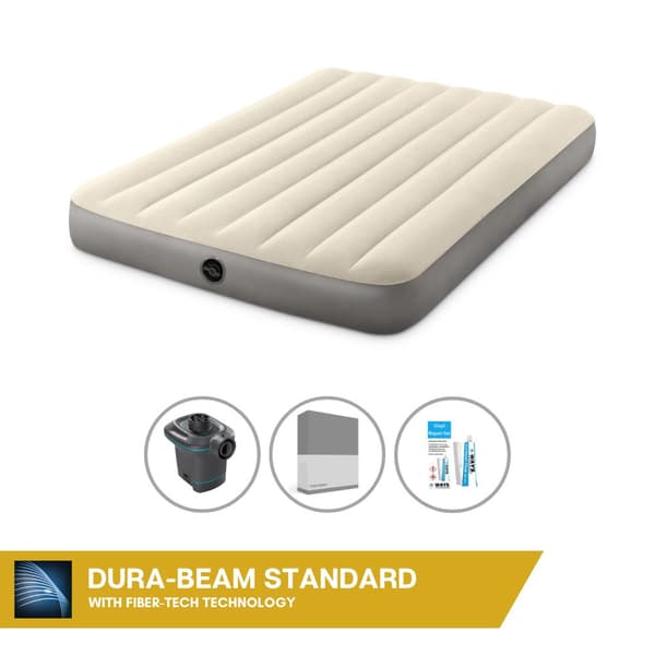 Intex Airbed Sæt Intex Airbed - Queen Size - 137 x 191 x 25 cm - Beige + Intex elektrisk pumpe - 650 Liter/min + Fitted Sheet Antracit +