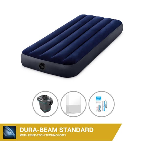 Intex Airbed Sæt Intex Airbed - 1-Person - 76 x 191 x 25 cm - Blå + Intex El-pumpe - 650 Liter/min + Monteringslagen Hvid + Reparationssæt