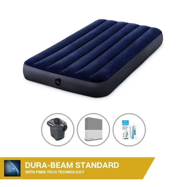 Intex Airbed Set Intex Airbed - 1 hengen - 99 x 191 x 25 cm - Sininen + Intex Sähköpumppu - 650 litraa/min + Kiinnitetty lakana Antrasiitti +
