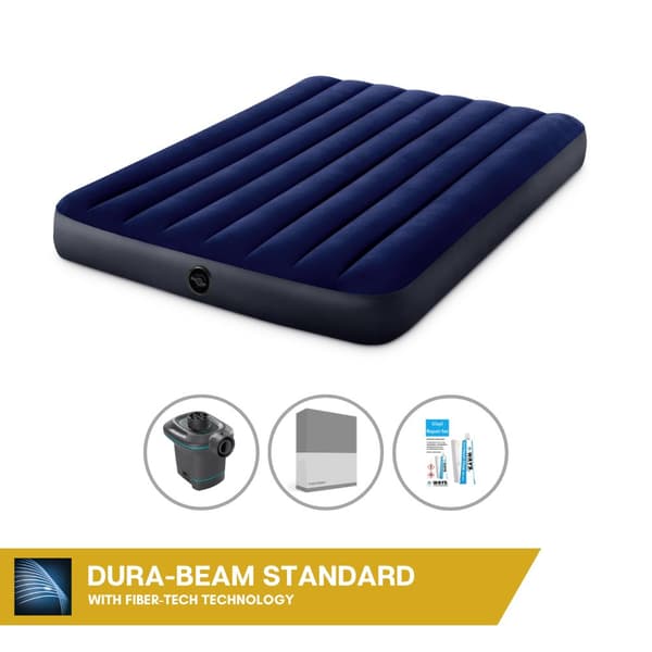 Intex Airbed Sæt Intex Airbed - Dobbeltseng - 137 x 191 x 25 cm - Blå + Intex Elektrisk Pumpe - 650 Liter/min + Fitted Sheet Antracit + Reparationssæt