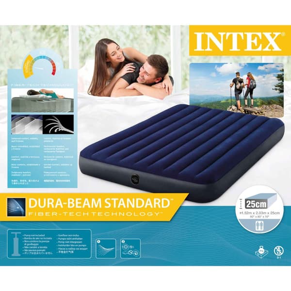 Intex Airbed Sæt Intex Airbed - 2-Person - 152 x 203 x 25 cm cm - Blå + Intex El Pumpe - 650 Liter/min + Monteringslagen Hvid + Reparationssæt