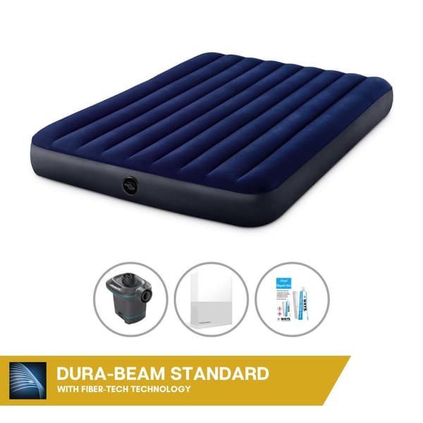Intex Airbed Sæt Intex Airbed - 2-Person - 152 x 203 x 25 cm cm - Blå + Intex El Pumpe - 650 Liter/min + Monteringslagen Hvid + Reparationssæt