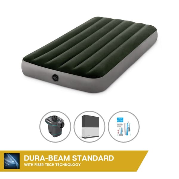Intex Airbed Sæt Intex Airbed - 1-Person - 99 x 191 x 25 cm - Grøn + Intex El Pumpe - 650 Liter/min + Monteringslagen Sort + Reparationssæt