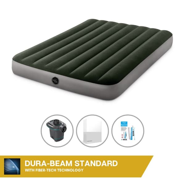 Intex Airbed Sæt Intex Airbed - Dobbeltseng - 137 x 191 x 25 cm - Grøn + Intex El-pumpe - 650 Liter/min + Fitted Sheet Hvid + Reparationssæt