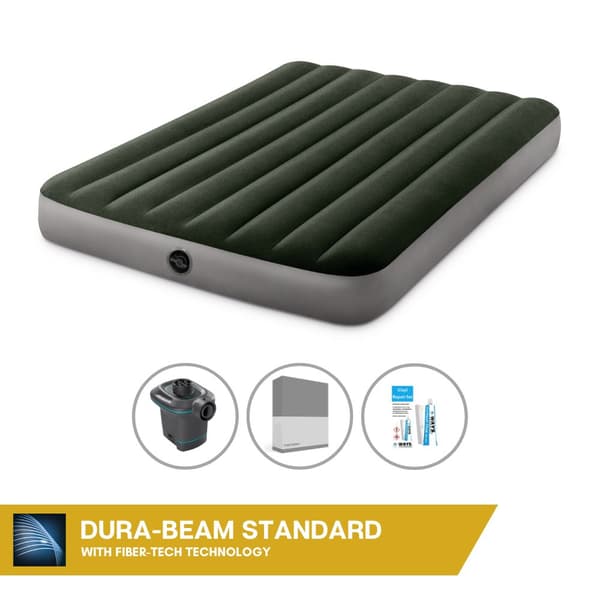 Intex Airbed Sæt Intex Airbed - Dobbeltseng - 137 x 191 x 25 cm - Grøn + Intex Elektrisk pumpe - 650 Liter/min + Fitted Sheet Antracit +