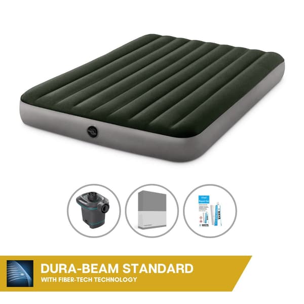 Intex Airbed Sæt Intex Airbed - 2-Person - 152 x 203 x 25 cm - Grøn + Intex El-pumpe - 650 Liter/min + Monteringslag antracit + Reparationssæt