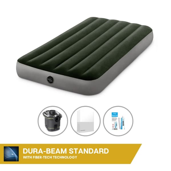 Intex Airbed - 1-Person - 99 x 191 x 25 cm - Grøn - Med pumpe + Påsyet lagen Hvid + Reparationssæt