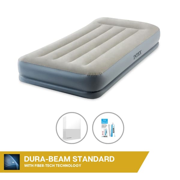 Intex Airbed - 1-Person - 99 x 191x 30 cm - Grå - Med indbygget pumpe + Monteringslagen Hvid + Reparationssæt