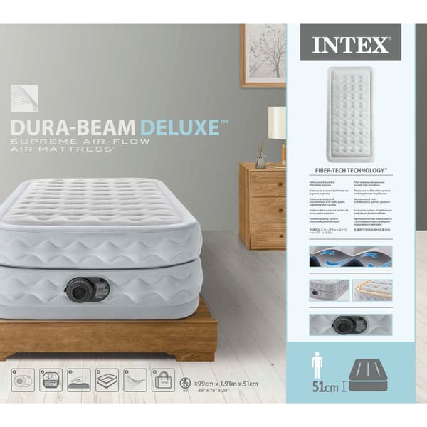 Intex Airbed - 1 hengen - 99 x 191 x 51 cm - Harmaa - Sisäänrakennettu pumppu + Kiinnitetty lakana Valkoinen + Korjaussetti