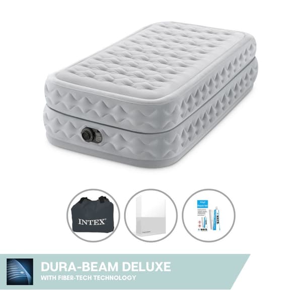 Intex Airbed - 1 hengen - 99 x 191 x 51 cm - Harmaa - Sisäänrakennettu pumppu + Kiinnitetty lakana Valkoinen + Korjaussetti