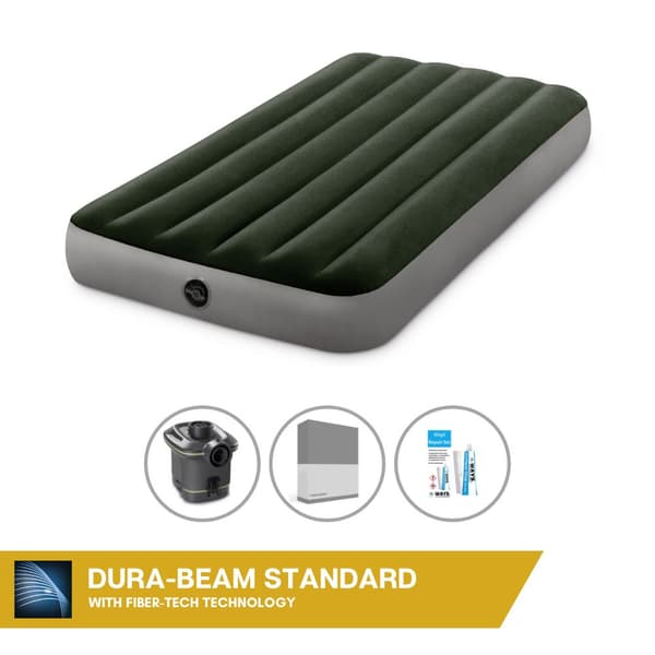 Intex Airbed - 1-Person - 99 x 191 x 25 cm - Grøn - Med pumpe + Påsyet lagen Antracit + Reparationssæt