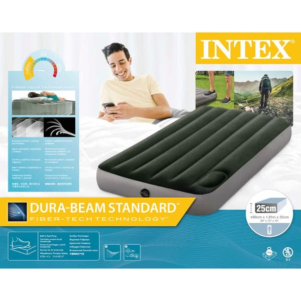 Intex Airbed - 1-Person - 99 x 191 x 25 cm - Grøn - Med indbygget fodpumpe + Monteringslagen Antracit + Reparationssæt