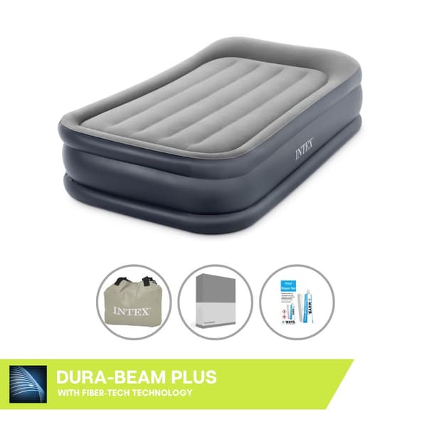Intex Airbed - 1-Person - 99 x 191 x 42 cm - Grå - Med pumpe + Monteringslag antracit + Reparationssæt