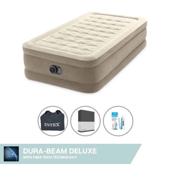 Intex Airbed - 1-Person - 99 x 191 x 46 cm - Beige - Med indbygget pumpe + Påsyet lagen Sort + Reparationssæt