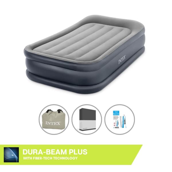 Intex Airbed - 1-henkilö - 99 x 191 x 42 cm - Harmaa - Pumppu + Mukana lakana Musta + Korjaussetti