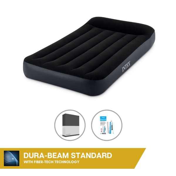 Intex Airbed - 1 hengen - 99 x 191 x 25 cm - Musta - Sisäänrakennettu pumppu + Kiinnitetty lakana Musta + Korjaussetti