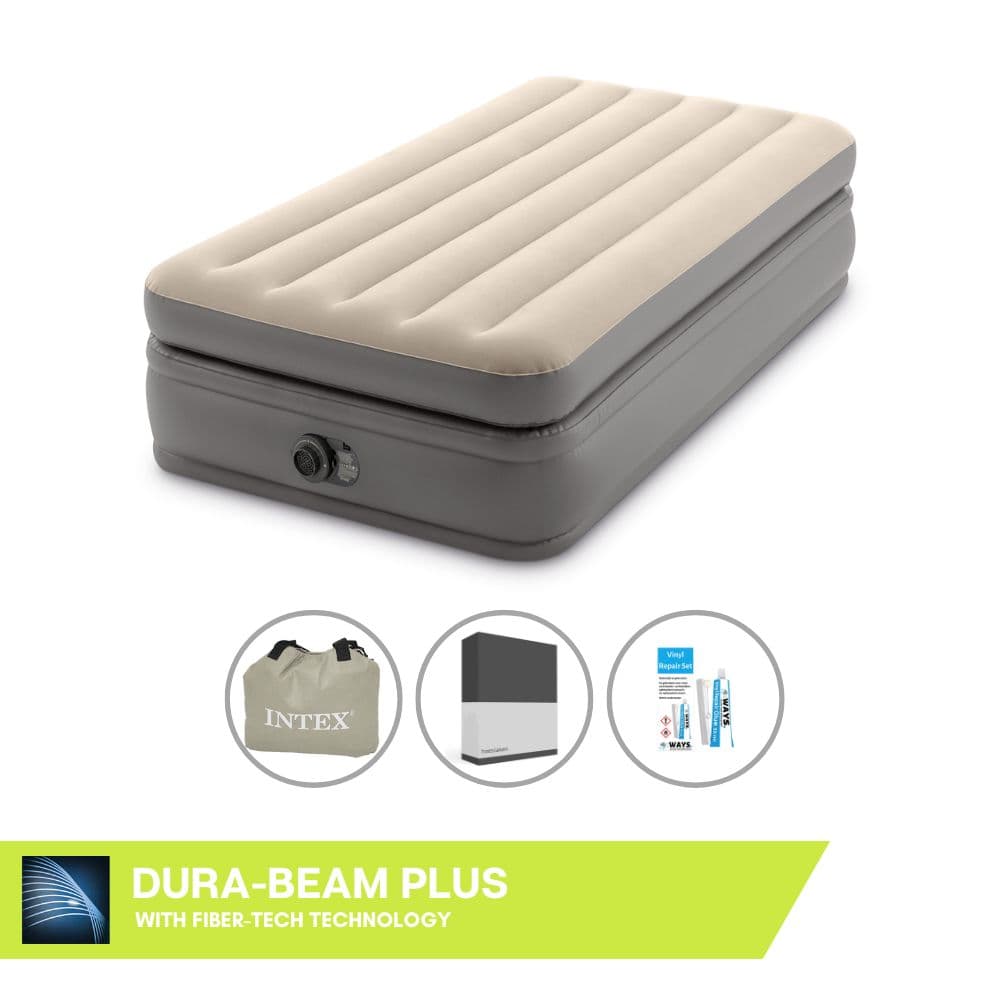 Intex luftbädd - 1-person - 99 x 191 x 51 cm - Grå - Med inbyggd pump + Lakan Svart + Reparationsset