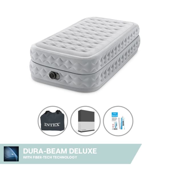 Intex Airbed - 1 hengelle - 99 x 191 x 51 cm - Harmaa - Sisäänrakennettu pumppu + Kiinnitetty lakana Musta + Korjaussetti