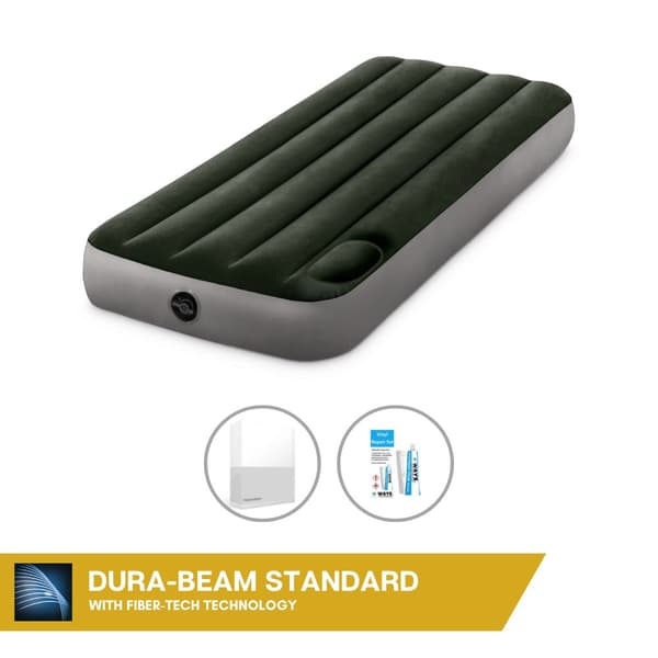 Intex Airbed - 1-Person - 76 x 191 x 25 cm - Grøn - Med indbygget fodpumpe + Monteringslagen Hvid + Reparationssæt