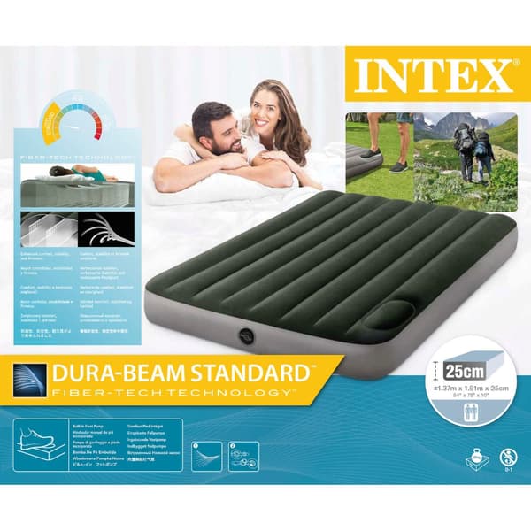 Intex Airbed - Dobbeltseng - 137 x 191 x 25 cm - Grøn - Med indbygget fodpumpe + Påsyet lagen Hvid + Reparationssæt