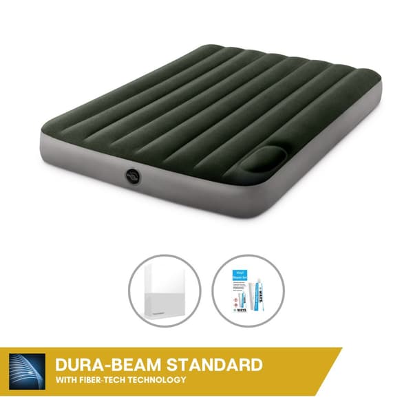 Intex Airbed - Dobbeltseng - 137 x 191 x 25 cm - Grøn - Med indbygget fodpumpe + Påsyet lagen Hvid + Reparationssæt