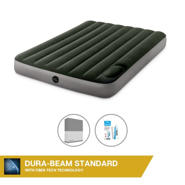 Intex Airbed - Dobbeltseng - 137 x 191 x 25 cm - Grøn - Med indbygget fodpumpe + Monteringslagen antracit + Reparationssæt