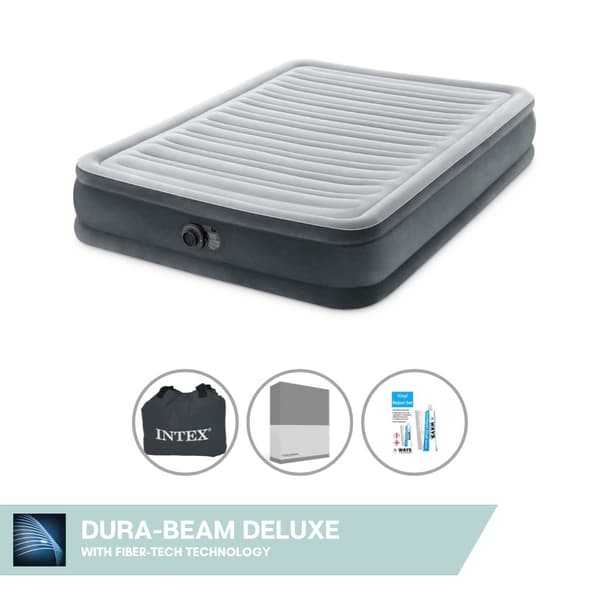 Intex Airbed - Dobbeltseng - 137 x 191 x 33 cm - Grå - Med indbygget pumpe + Monteringslagen antracit + Reparationssæt