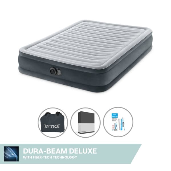 Intex Airbed - Dobbeltseng - 137 x 191 x 33 cm - Grå - Med indbygget pumpe + Påsyet lagen Sort + Reparationssæt