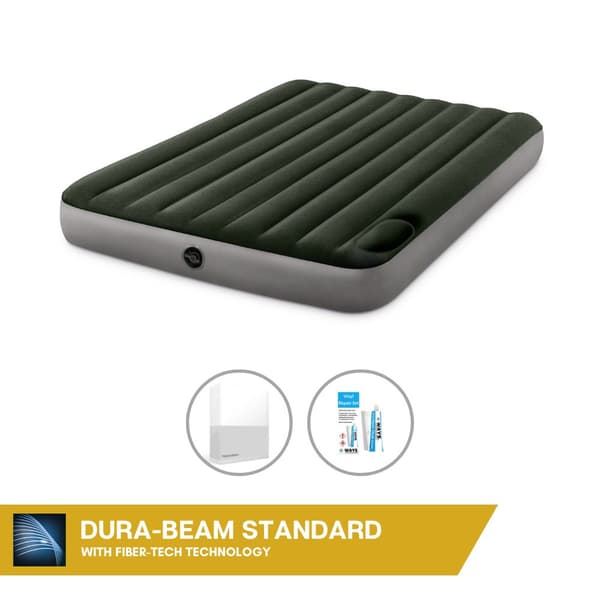 Intex Airbed - 2 hengen - 152 x 203 x 25 cm - Vihreä - Sisäänrakennetulla jalkapumpulla + Kiinnitetty lakana Valkoinen + Korjaussetti