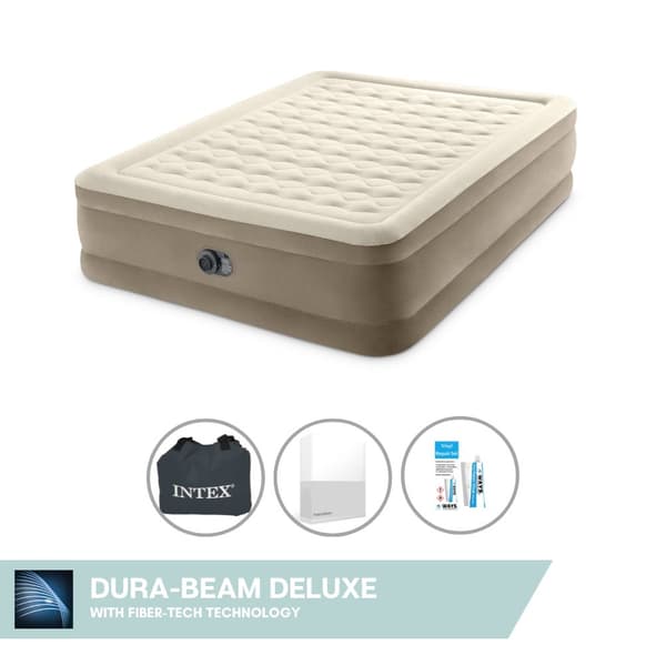 Intex Airbed - 2-Person - 152 x 203 x 46 cm - Beige - Med indbygget pumpe + Monteringslagen Hvid + Reparationssæt