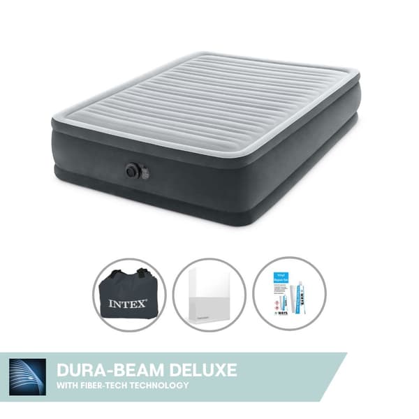 Intex Airbed - 2 hengen - 152 x 203 x 46 cm - Harmaa - Sisäänrakennettu pumppu + Kiinnitetty lakana Valkoinen + Korjaussetti