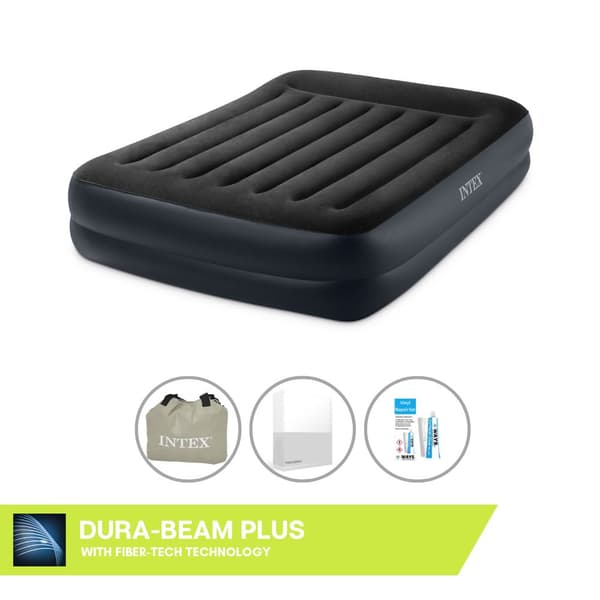 Intex luftseng - 2-personers - 152 x 203 x 42 cm - Blå - Med pumpe + Påsyet lagen Hvid + Reparationssæt