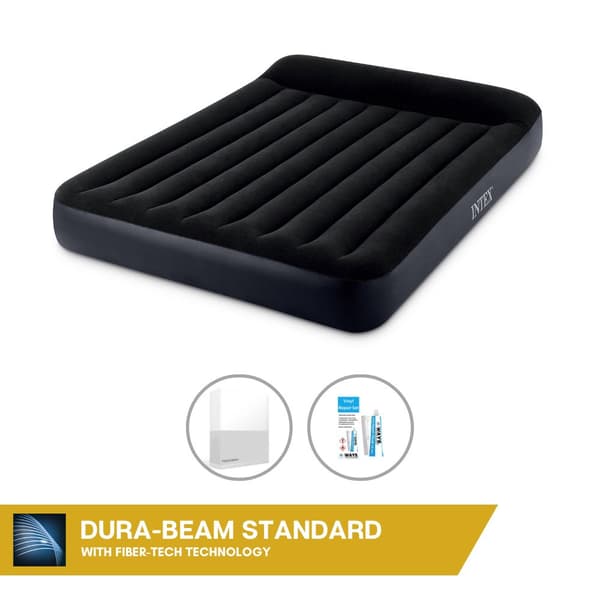 Intex Airbed - 2-Person - 152 x 203 x 25 cm - Sort - Med indbygget pumpe + Monteringslagen Hvid + Reparationssæt