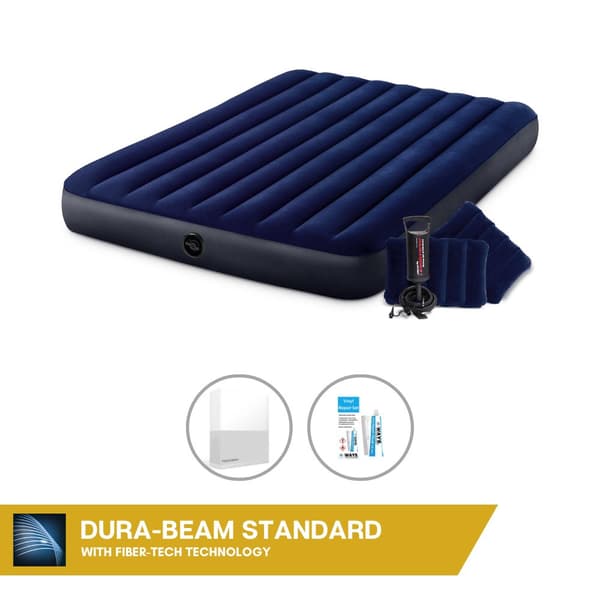 Intex Airbed - 2-Person - 152 x 203 x 25 cm - Blå - Inkl. håndpumpe og puder + Hvidt dæklag + Reparationssæt