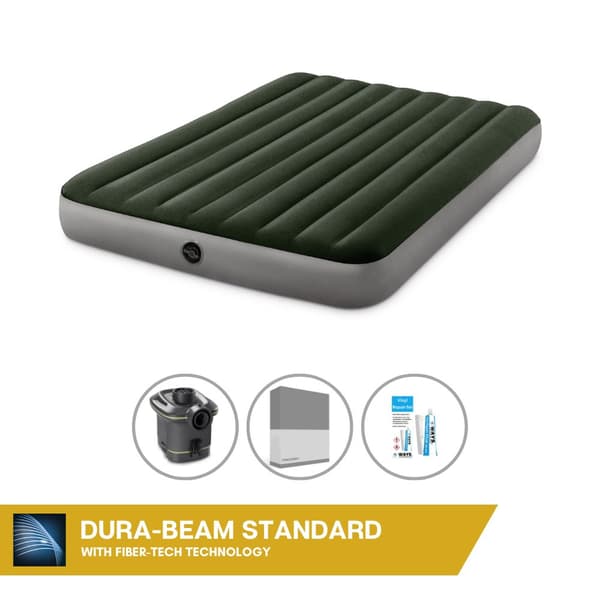 Intex Airbed - 2-Person - 152 x 203 x 25 cm - Grøn - Med pumpe + Monteringslagen Antracit + Reparationssæt