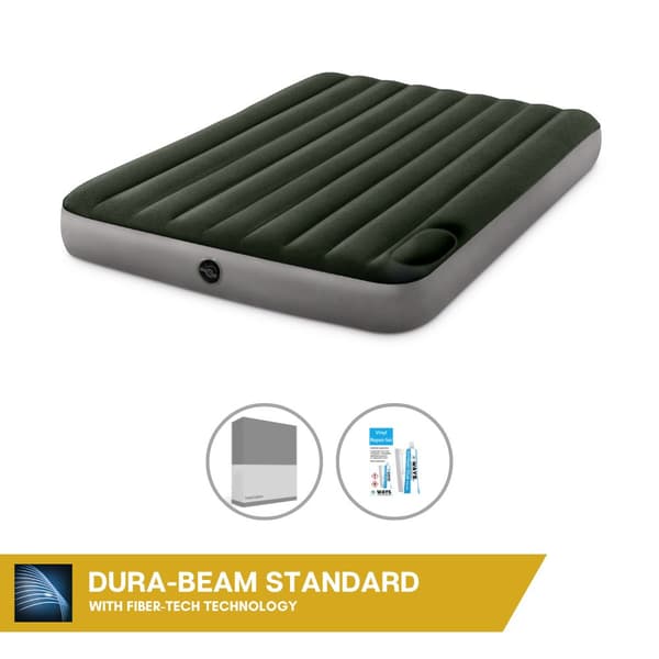Intex Airbed - 2-Person - 152 x 203 x 25 cm - Grøn - Med indbygget fodpumpe + Monteringslag antracit + Reparationssæt